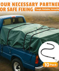 Blue truck with tarps secured by Adjustable 31 Inch Rubber Bungee Cords With Hooks EPDM Heavy Duty Bungee Straps Pack Of 10