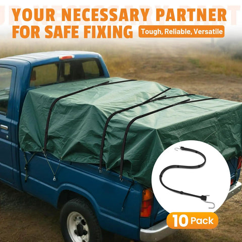 Blue truck with tarps secured by Adjustable 31 Inch Rubber Bungee Cords With Hooks EPDM Heavy Duty Bungee Straps Pack Of 10