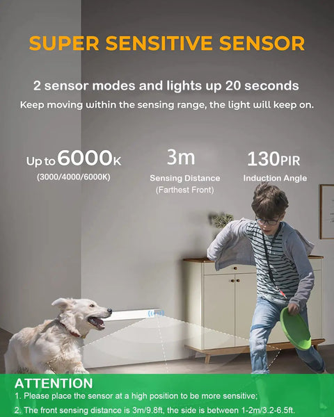 Child and dog near 98 LED Under Cabinet Lights With 1500mAh Rechargeable Battery Motion Sensor, showing sensor range and angle.