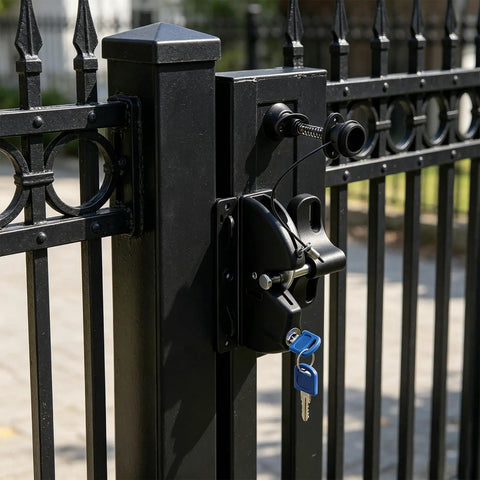 INOOMP 1Set Gate Lock for Outdoor Fence, 2-Sided Self-Locking Latch w Key attached to a black metal gate post.