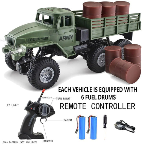 One Sixteenth Scale 6x6 RC Military Truck Off Road Toy Car 4WD All Terrain Army Transport Vehicle With Real Rubber Tires And Front LED Lights A Dope Gift For Kids Boys And Teens, showing army truck model with controller and six fuel drums