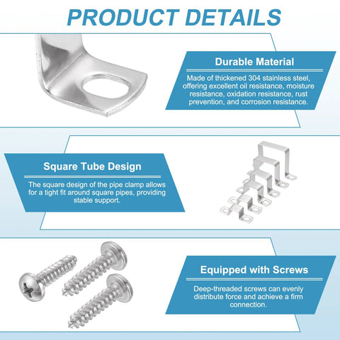 40x40mm stainless steel pipe clamp set with screws showcasing durable 304 stainless steel material and stable design for secure mounting.