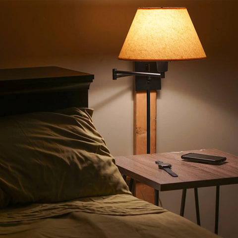 Bedroom with 15 Inch Dope Modern Swing Arm Wall Sconce With Opaque Empire Shade, 2-In-1 Plug In Or Hardwired, 3-Way Switch, Black Finish