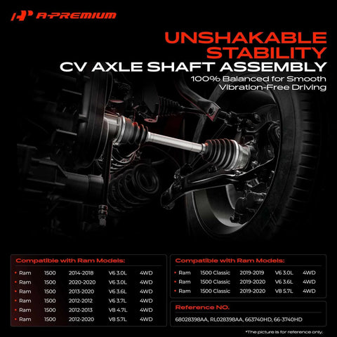 CV Axle Shaft Assembly For Ram 1500 2012-2020 4WD Front Left Or Right, 1500 Classic 2019-2020 4x4 shown installed on vehicle wheel