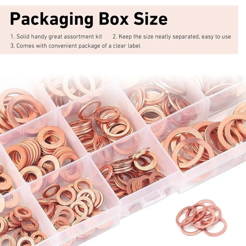 Copper Crush Washer Set 200 Piece With 10 Metric Sizes M5 M6 M8 M10 M12 M14 Universal Oil Drain Plug Gasket Kit in gold finish case