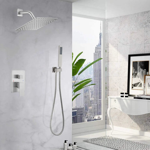 Shower System Brushed Nickel Rainfall Set For Wall Mounted Installation With 8 Inch Rain Shower Head in modern bathroom