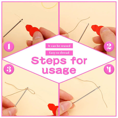 Step-by-step usage guide for the All in One Needle Threader Set For Hand Sewing And Embroidery With 20 Pieces, Six Types.