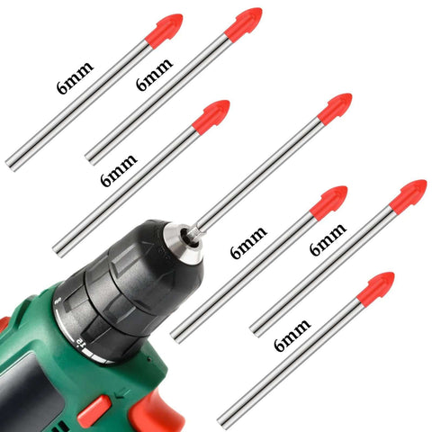 Front view of a cordless drill with 6 mm tile drill bits; orange tips, 20-piece cemented-carbide set.