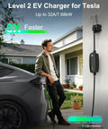 Heavy Duty Level 2 Portable EV Charger For Tesla And All Electric Vehicles Pulling 32 Amps At 7.68 Kilowatts charging a Tesla in a driveway.