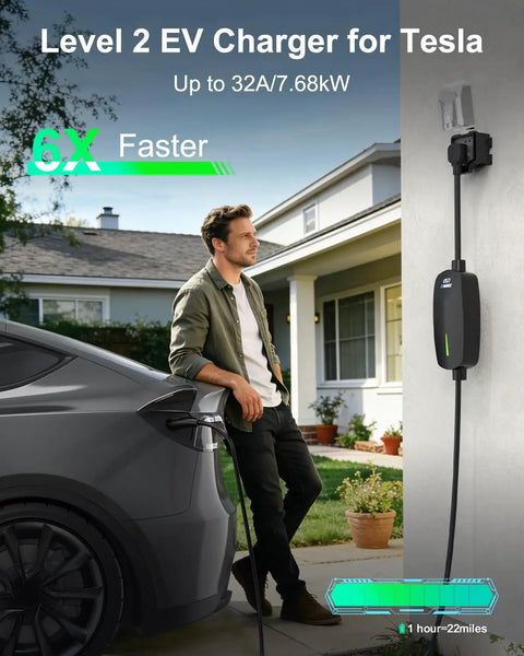 Heavy Duty Level 2 Portable EV Charger For Tesla And All Electric Vehicles Pulling 32 Amps At 7.68 Kilowatts charging a Tesla in a driveway.