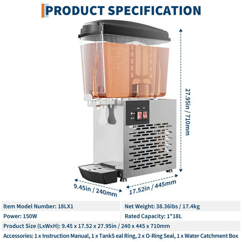 Heavy Duty Stainless Steel Single Tank Commercial Cold Drink Dispenser with transparent tank and spigot for icy beverages.