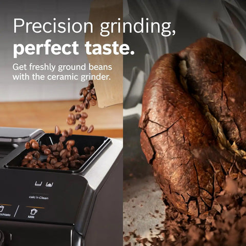 Fully Automatic Espresso Machine With Ceramic Burr Grinder Offering Straight Up Perfect Bean To Cup Coffee Through No Sweat One Touch Brewing And Creamy Milk Frother; ceramic grinder with whole coffee beans.