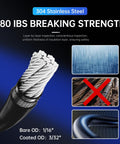 Close-up of 304 stainless steel wire rope with waterproof, rust-resistant features and 480 lbs strength for string light hanging kit
