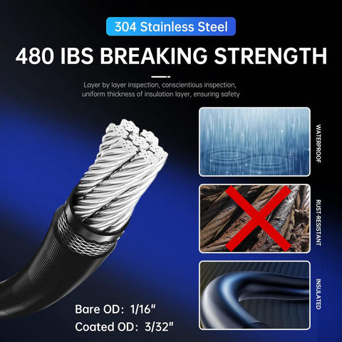 Close-up of 165Ft 304 Stainless Steel Cable String Light Hanging Kit with Heavy Duty 480Lb capacity, waterproof and rust-resistant features.