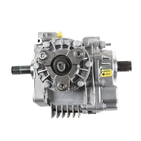 Beefed Up All Wheel Drive Transfer Case Assembly For VW Passat Tiguan 4 Motion And Audi Q3 Quattro To Restore Traction And Smooth Power Transfer Across Any Terrain. silver AWD transfer case assembly, front view, with splined shafts