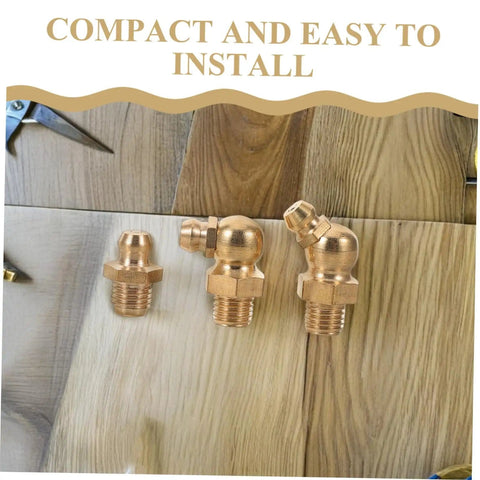 Copper fittings from 9 Piece Copper Grease Fitting Kit For Cars And Trailers, Pro Grade Nozzles And Oil Caps on wooden surface