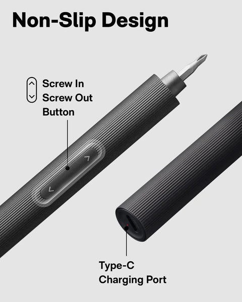 Ultra Portable Electric Precision Screwdriver Set With 49 S2 Steel Bits, Magnetic Storage, USB C Rechargeable shown with bit and charging port
