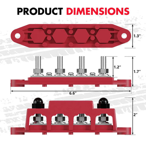 Tough Custom 12V Power Distribution Block With 5/16 Inch Studs And Secure Cover dimensions showing 6.6 x 2 inches construction.