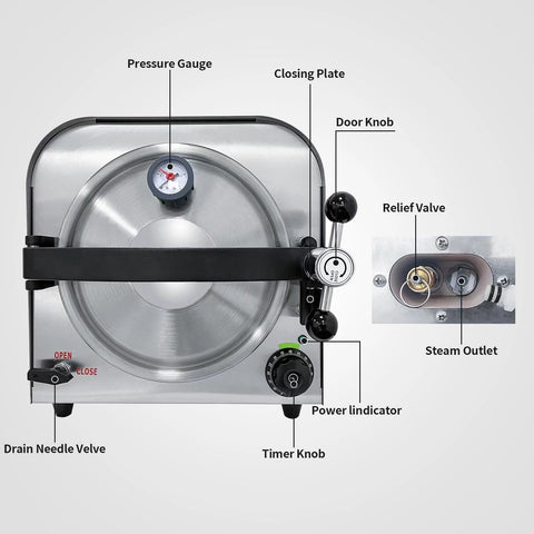HANBENYTEX 14L lab autoclave sterilizer, compact stainless steel steam sterilizer with 3 trays, front view