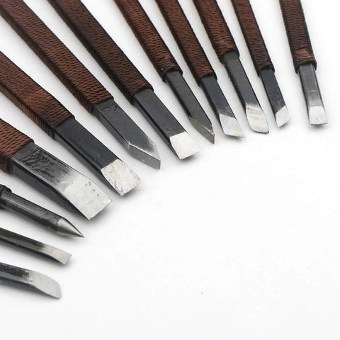 12 Piece Wood Carving Tools Set Featuring Premium Manganese Steel Blades And Solid Grips for detailed wood crafting and engraving.