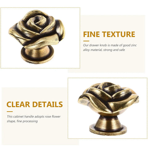 Vintage Rose Flower Cabinet Knobs Two Pack Classic Floral Drawer Pulls Heavy Duty Zinc Alloy Furniture Hardware For Dresser And Shoe Closet Smooth Grip Top Notch Home Decor Upgrade Built Tough Real Deal Close-up view of gold rose knobs showing fine texture and clear details.