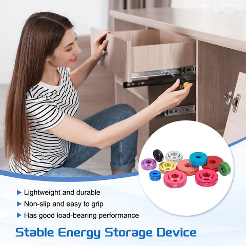 Slick Rolling Knurled Thumb Nuts 4 Pack M6 Thread Aluminum Handle Fasteners with tough grip, used during drawer installation.