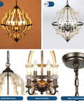 Geometric Orb 6-Light Farmhouse Chandelier with Stardust Finish and rustic oak wood frame shown on and off, detail views.