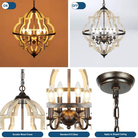 Geometric Orb 6-Light Farmhouse Chandelier with Stardust Finish and rustic oak wood frame shown on and off, detail views.
