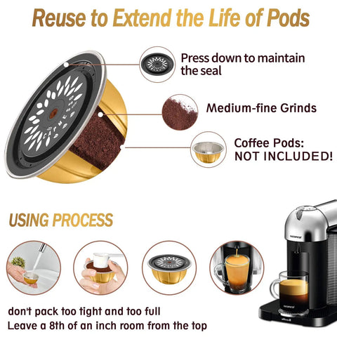 Diagram showing reusable Nespresso Vertuoline capsule lids with instructions for use and compatible coffee machine illustration.