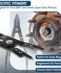 Ford Super Duty Spindle Snap Ring Pliers 2007 And Newer for easy removal and installation, shown next to a truck hub.