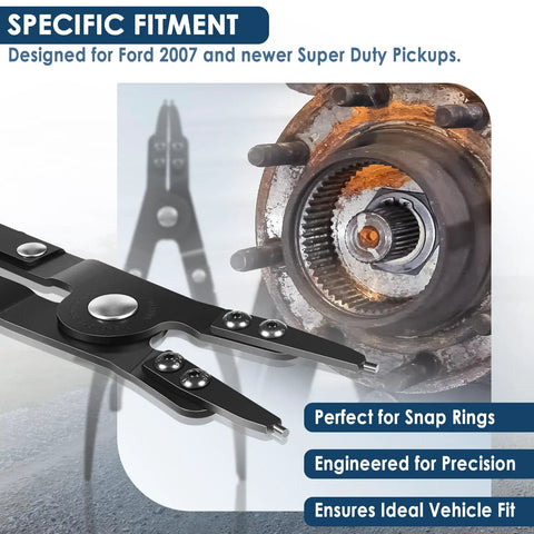 Ford Super Duty Spindle Snap Ring Pliers 2007 And Newer for easy removal and installation, shown next to a truck hub.