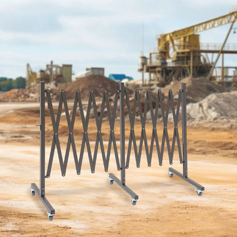 Straight Up Heavy Duty Expandable Metal Barrier On Wheels, Adjustable Retractable Safety Fence For Crowd Control, Rolling Traffic Gate With Locking Casters, Foldable Industrial Yard Barrier, Coffee Brown on a construction site.