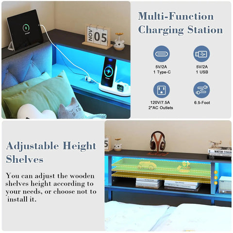 Multi-Function Charging Station on Super Solid Corner Twin XL Bed Frame With Built In Storage Bookcase And Plush Tufted Upholstered Headboard.