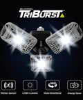 Triburst Motion Sensor LED Light Kit With 4000 Lumen Output shown with multi-directional triple panel emitting bright light