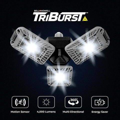 Triburst Motion Sensor LED Light Kit With 4000 Lumen Output shown with multi-directional triple panel emitting bright light
