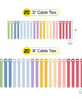 Macaron 40 Pack Self Gripping Cable Ties with 5 Inch and 8 Inch Straps in assorted colors for home office desk setup