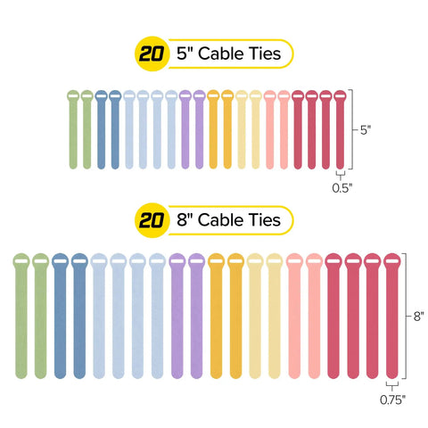 Macaron 40 Pack Self Gripping Cable Ties with 5 Inch and 8 Inch Straps in assorted colors for home office desk setup