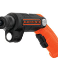 All In One 4V Max Cordless Screwdriver With Pivoting Handle And Built In LED Light, Handy Rechargeable Flashlight Combo, Includes 2 Bit Set for Easy Repairs In Tight Spaces, showing side angle with LED light feature.