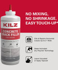 No Sweat Gray Concrete Crack Filler Dry Powder Blend Needs No Mixing Seals Cracks Up To Two Inches Wide easy apply bottle on a red background.
