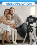 Family sitting on a couch with a camera on a tripod foreground, showcasing wide application of M6 Female To One Quarter Inch Male Tripod Screw Adapters Set
