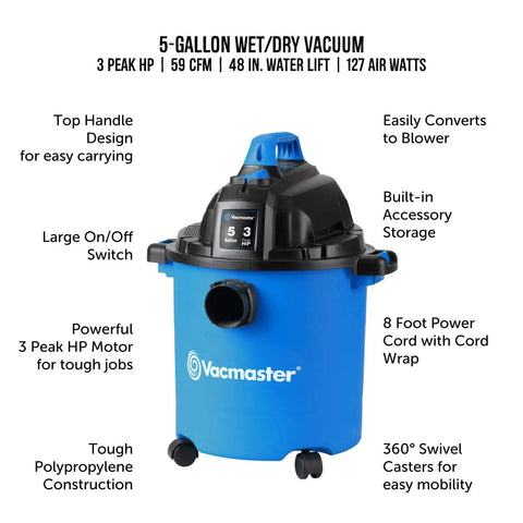 Powerful 5 Gallon Wet Dry Shop Vacuum With 3 Peak HP Motor, blue finish, 8 foot cord wrap, casters, accessory storage visible