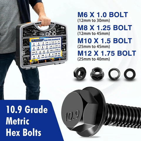 454 Piece Metric Flange Bolt Assortment Kit Grade Ten Nine M6 M8 M10 M12 Hex Bolts Nuts Washers Black Zinc Plating Heavy Duty Automotive And Farm Equipment Hardware Set in case