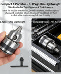 Mini Drill Chuck 0.6 To 6 Mm With M12 Thread shown in hand and stored in a tool drawer, highlighting compact and portable design.
