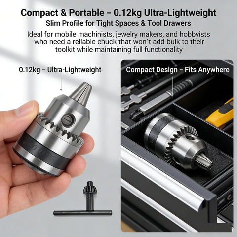 Mini Drill Chuck 0.6 To 6 Mm With M12 Thread shown in hand and stored in a tool drawer, highlighting compact and portable design.