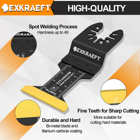Oscillating multitool blade with titanium coating and gold teeth, ruler scale; fits Dewalt Milwaukee Ryobi.