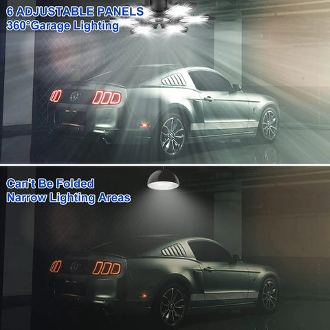 Comparison of LED Garage Lights 6 Pack 220W With 6 Plus 1 Deformable Panels and standard light in garage, bright vs dim lighting.