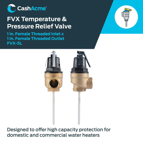 1 Inch Inlet Water Pressure And Temperature Relief Valve, High Flow Brass Plumbing Fitting For Commercial Use, FVX 5L, Push To Connect, Easy Install, Durable Brass Body shown front and side