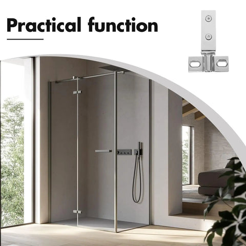 Heavy Duty Stainless Steel Shower Door Pivot Hinges With Smart Dual Hole Design For No Sweat Glass Door Swap and Top Shelf Bathroom Hardware Makeover in modern bathroom setting.