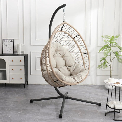 Hanging Egg Chair with Stand Foldable Hammock Swing Chair Built for All Weather Use with Core Spun Polyester Rope and Yarn Dyed Cushion