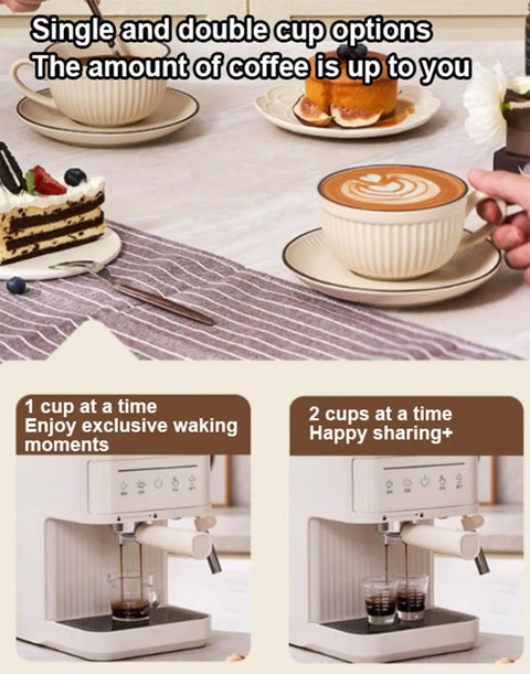 Professional Semi Automatic Espresso Machine With 15 Bar Pressure And Integrated Milk Frother For Creamy Lattes and two cup brewing options.